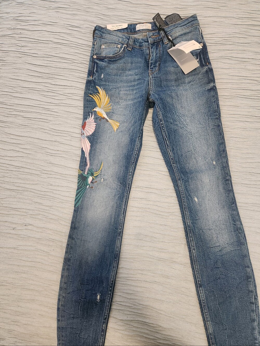 Zara Blue Skinny Jeans with Colorful Bird Embroidery